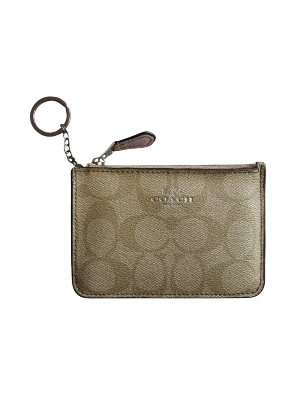 Coach Signature Mini Skinny Coin Purse Key Ring Khaki Pink Card Pouch
